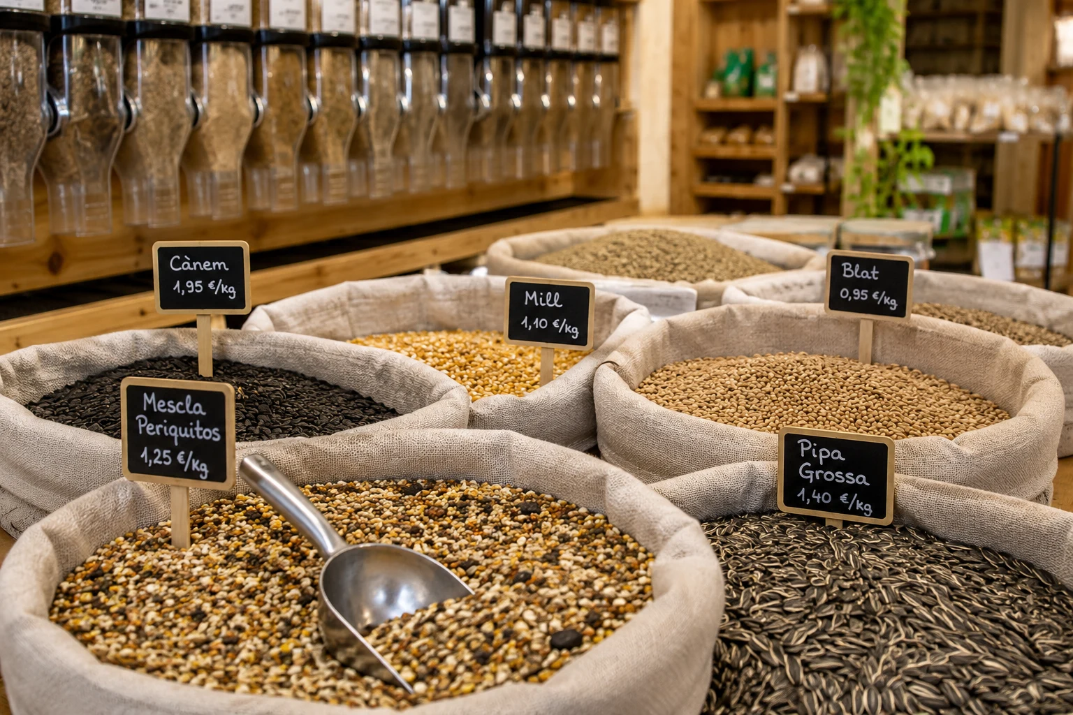 Sacs i recipients de llavors i cereals a granel amb una pala
